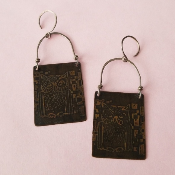 Sterling artisan handmade owl panel earrings! - Picture 2 of 4